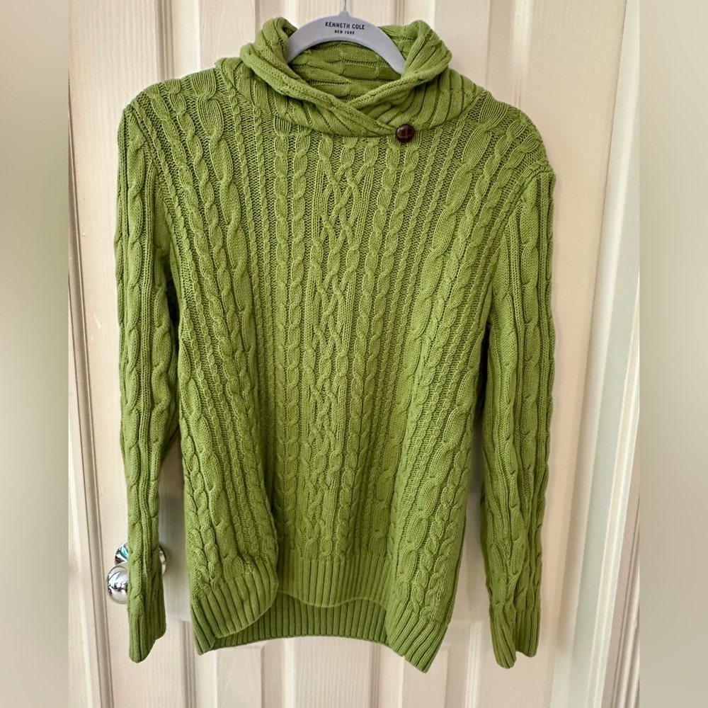 JEANNE PIERRE Green Cowl Neck Cable Knit Sweater